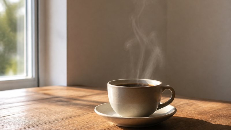 A cup of black coffee beside citrus and other foods on a counter
