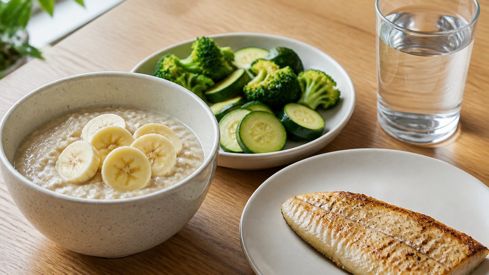 A reflux-friendly plate: oatmeal with banana, grilled fish with vegetables and rice, and a glass of water on a kitchen table