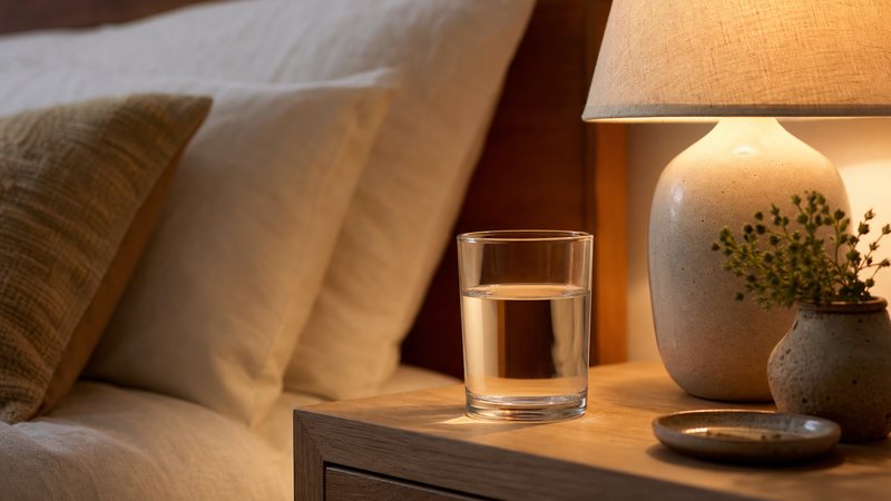 A calm evening kitchen table with a glass of water