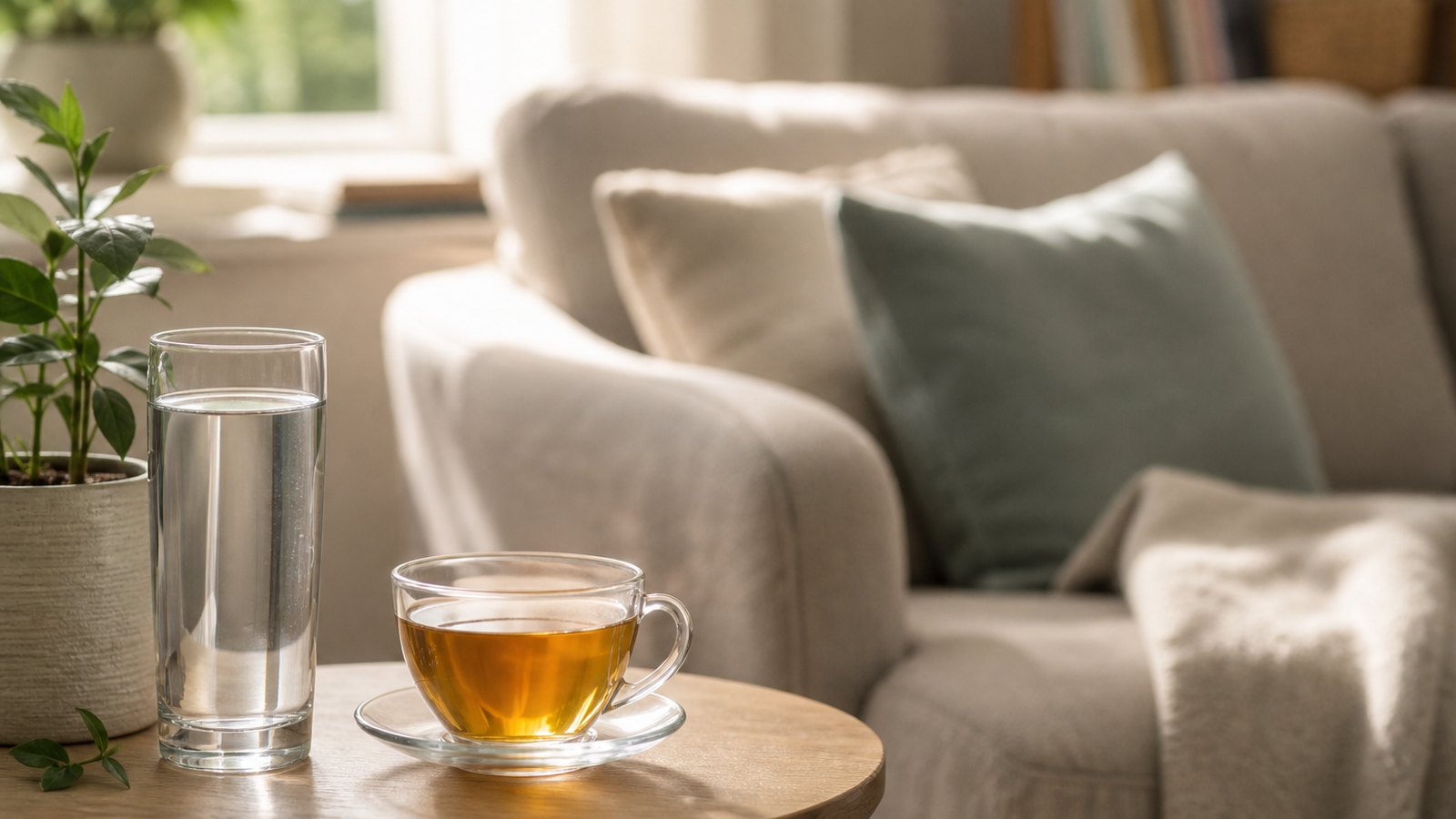A glass of water and a cup of herbal tea on a side table beside a sofa