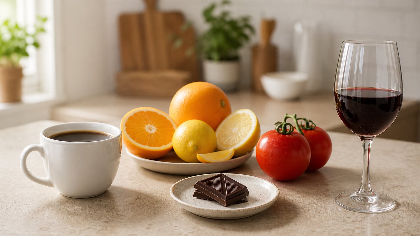 Common reflux trigger foods on a kitchen counter: coffee, citrus, tomatoes, chocolate and a glass of red wine