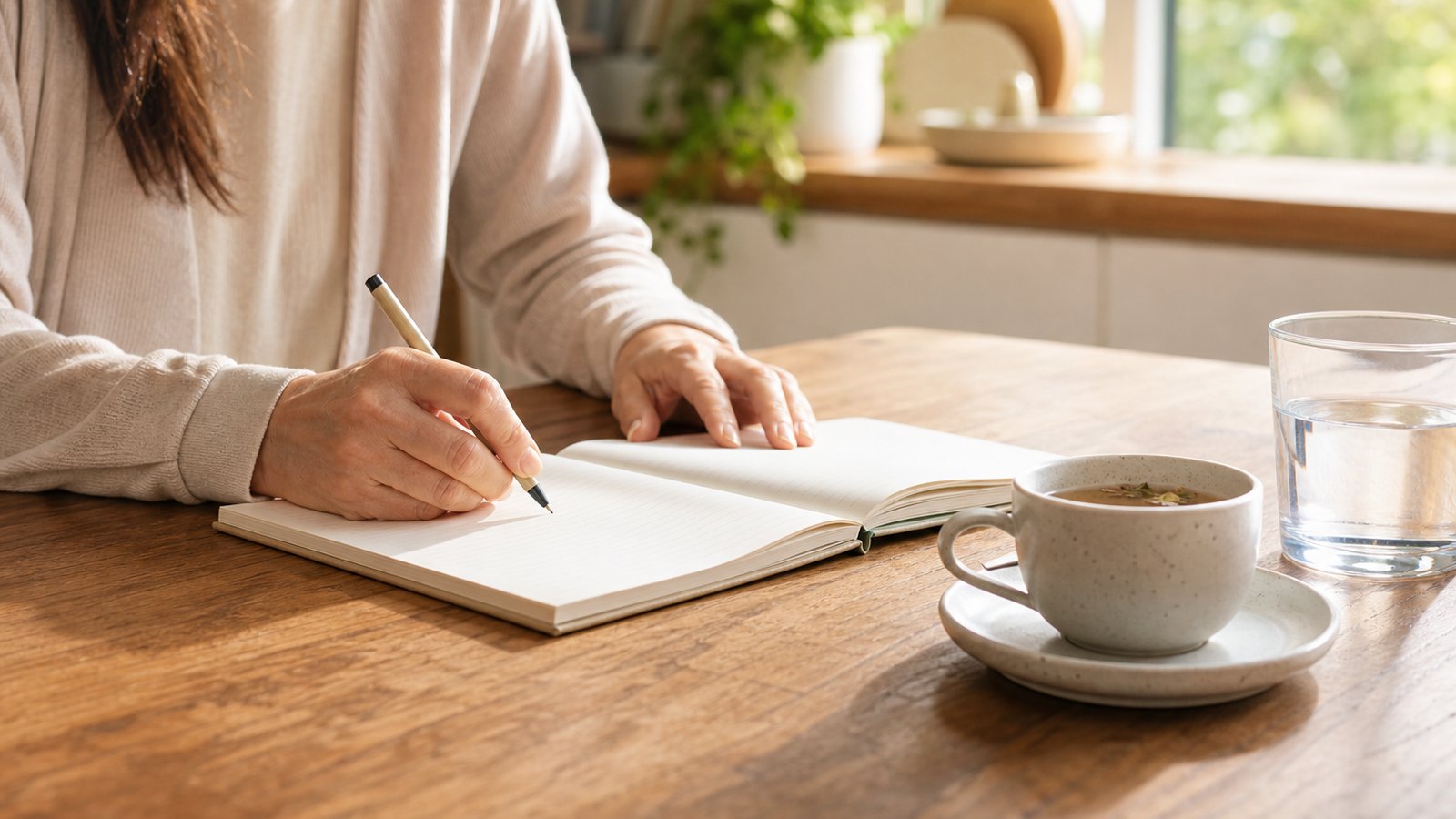 A person at a kitchen table logging a meal in a health app, with tea and a glass of water